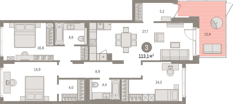4-комнатная (Евро) квартира, 113.1 м² в ЖК "Брусника в Новоселье" - планировка, фото №1