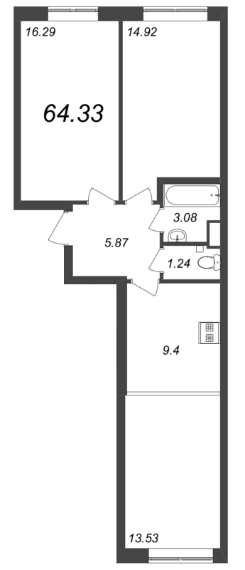 3-комнатная (Евро) квартира, 65 м² в ЖК "Neva Residence" - планировка, фото №1