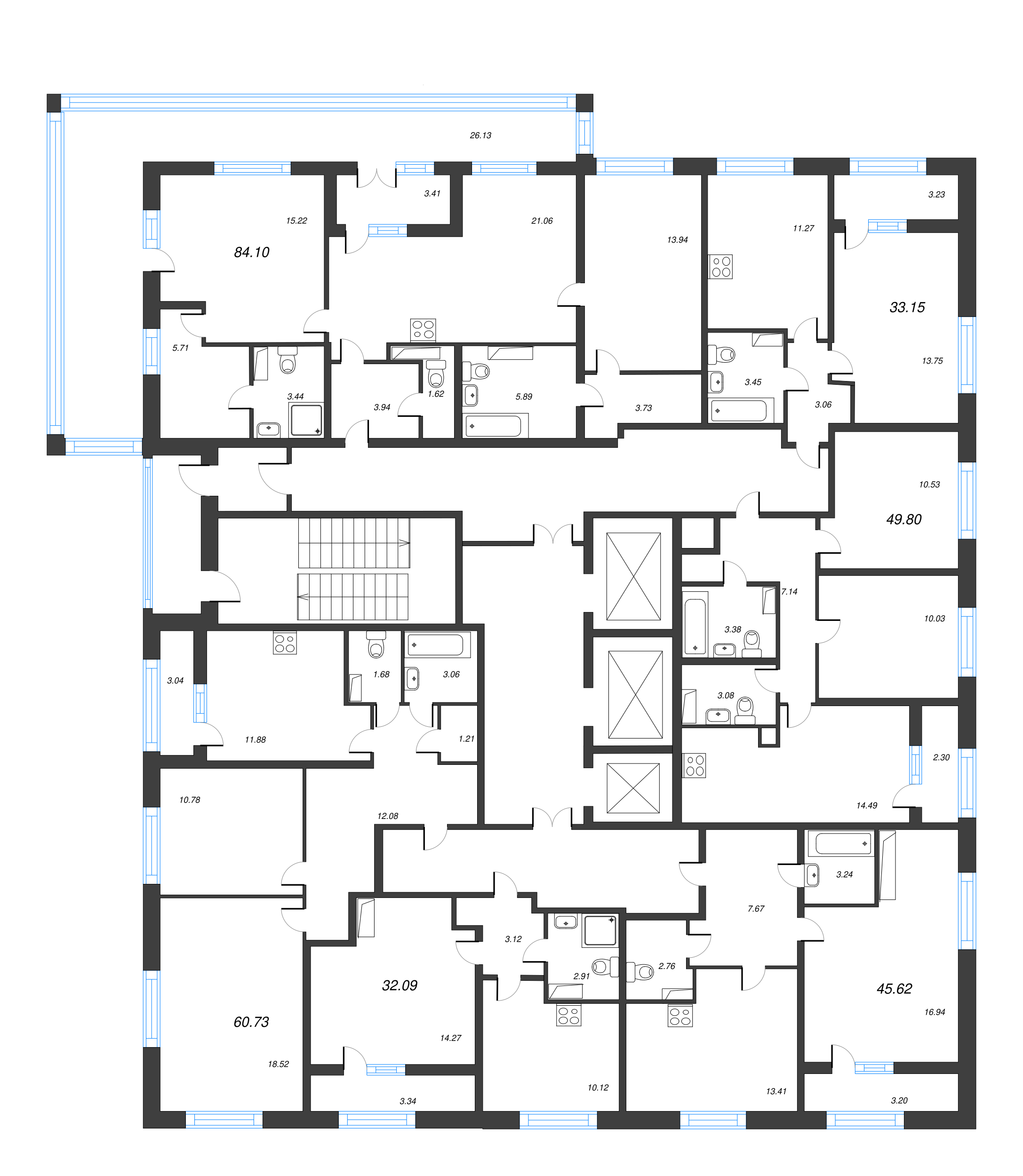 3-комнатная (Евро) квартира, 84.1 м² - планировка этажа