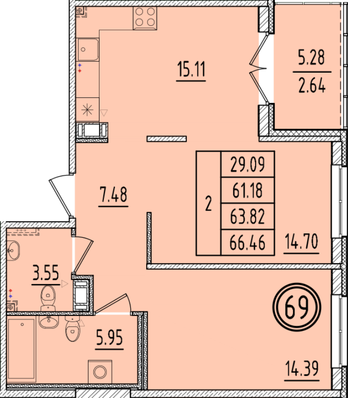 3-комнатная (Евро) квартира, 61.18 м² в ЖК "Образцовый квартал 6.4" - планировка, фото №1