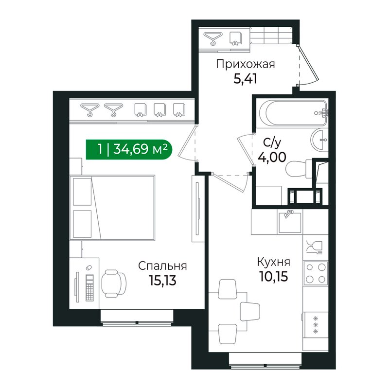 1-комнатная квартира, 34.5 м² в ЖК "Сертолово Парк" - планировка, фото №1