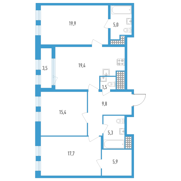 4-комнатная (Евро) квартира, 101.7 м² в ЖК "Дефанс Премиум" - планировка, фото №1