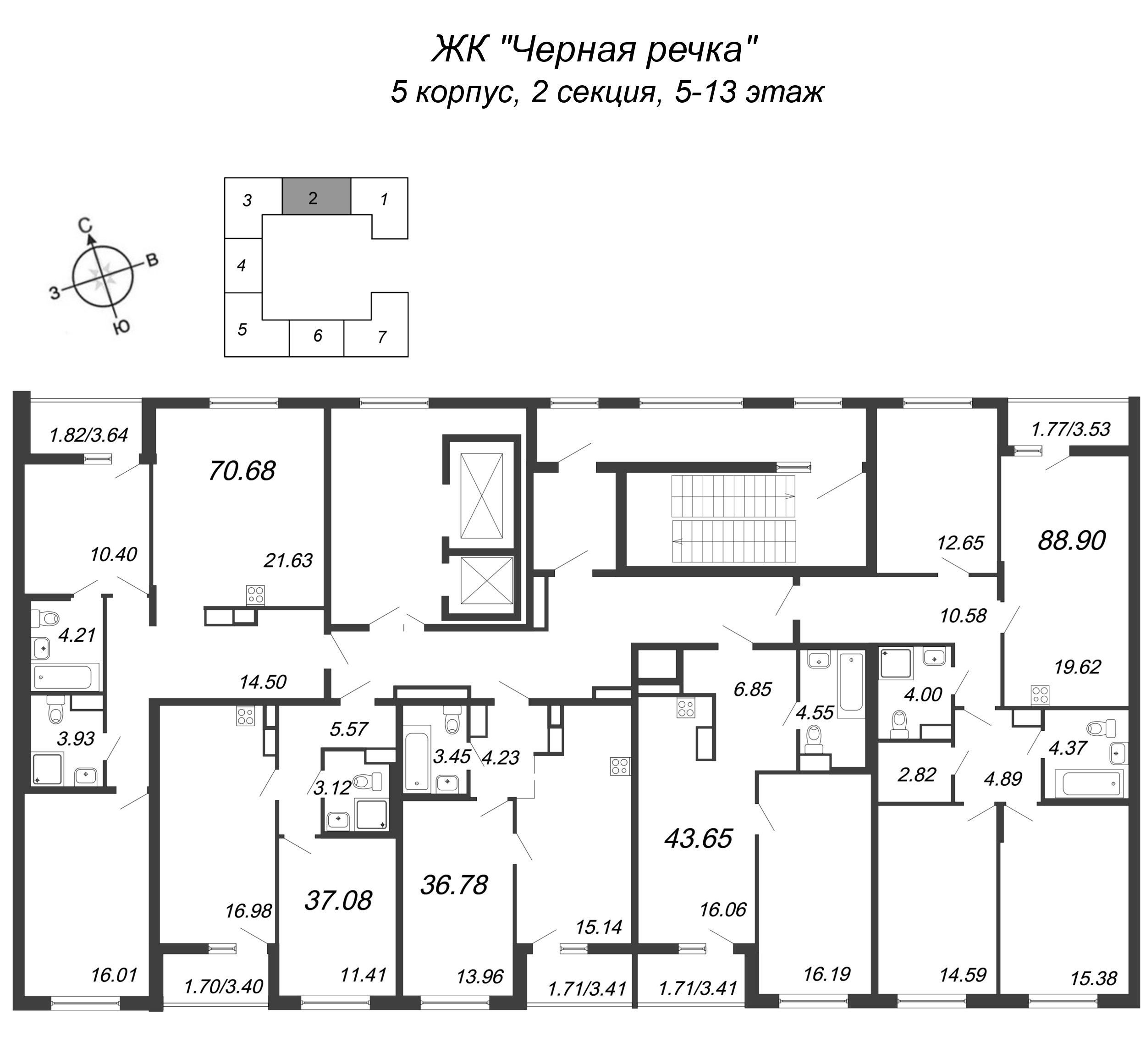 2-комнатная (Евро) квартира, 37.08 м² в ЖК "Чёрная речка" - планировка этажа