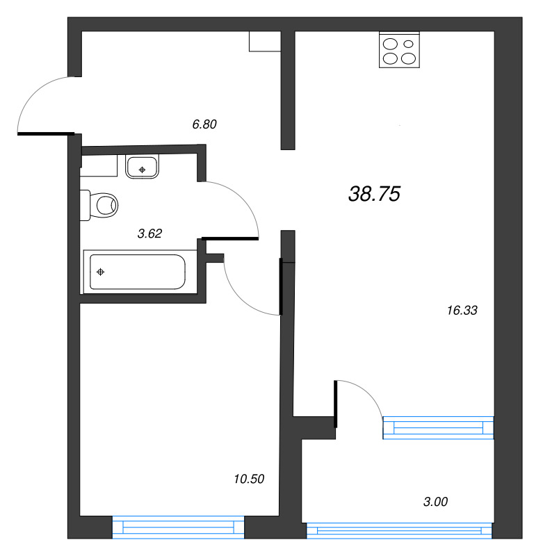 2-комнатная (Евро) квартира, 38.75 м² в ЖК "ЛесArt" - планировка, фото №1