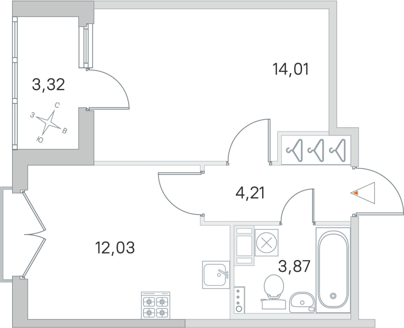 1-комнатная квартира, 34.12 м² - планировка, фото №1