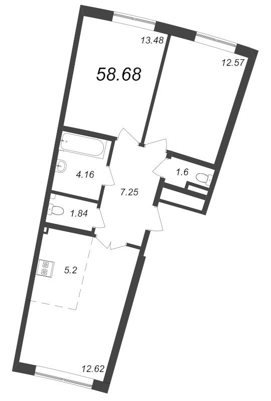 3-комнатная (Евро) квартира, 58.68 м² - планировка, фото №1