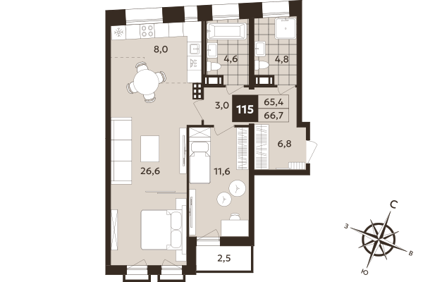 2-комнатная (Евро) квартира, 65.4 м² в ЖК "Дом на Бронницкой" - планировка, фото №1