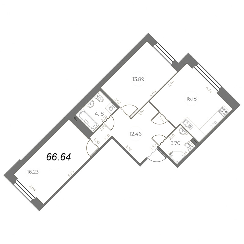 3-комнатная (Евро) квартира, 66.64 м² в ЖК "Огни Залива" - планировка, фото №1