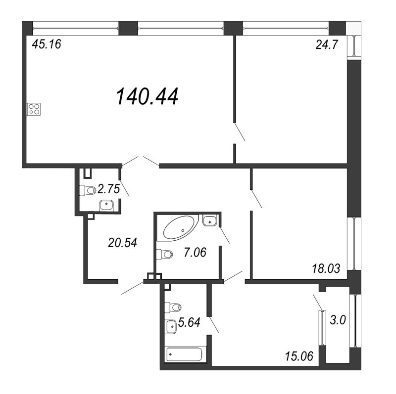 4-комнатная (Евро) квартира, 140.44 м² в ЖК "Дефанс Премиум" - планировка, фото №1