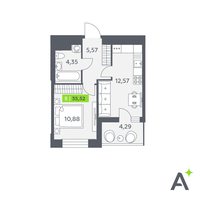 1-комнатная квартира, 35.52 м² в ЖК "Аквилон Verba" - планировка, фото №1