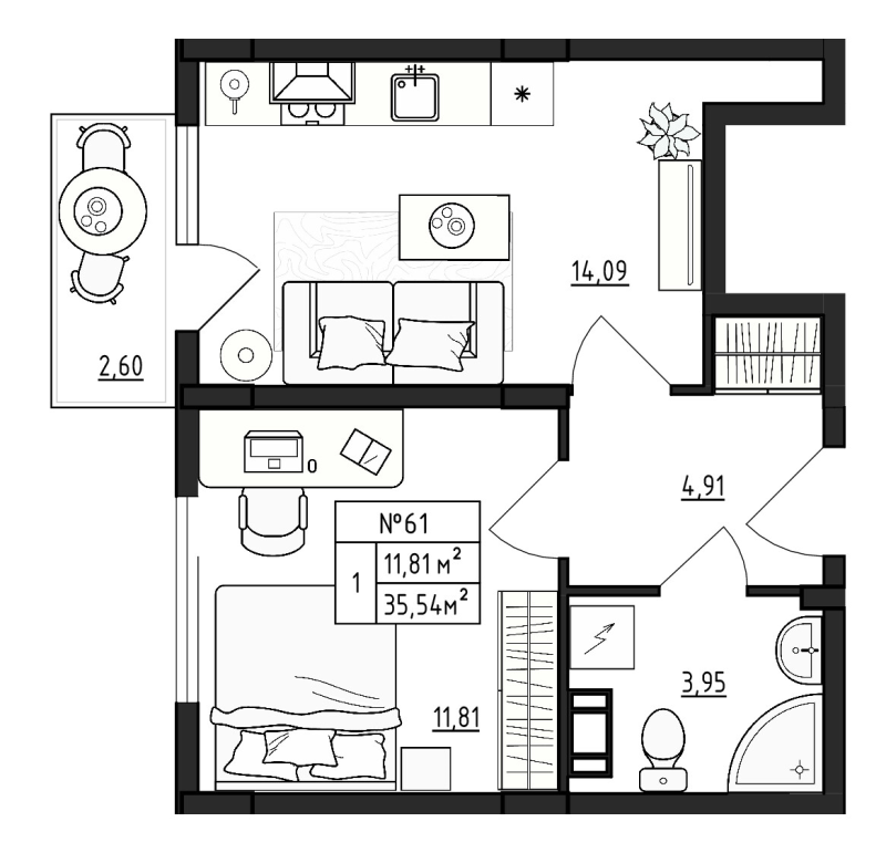 1-комнатная квартира, 35.54 м² - планировка, фото №1