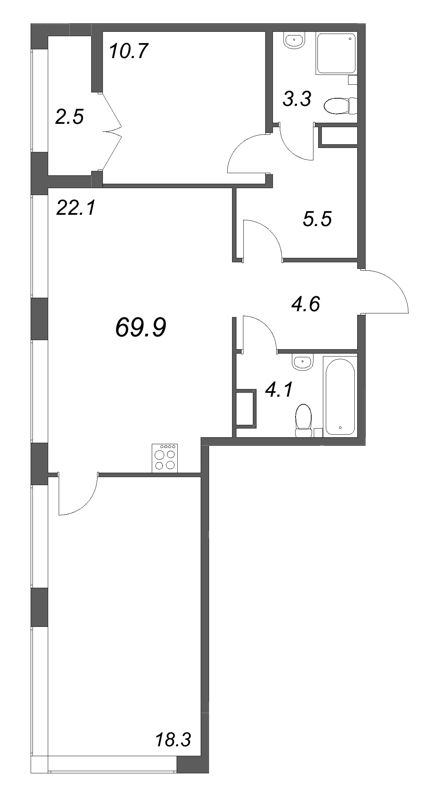 3-комнатная (Евро) квартира, 69.9 м² в ЖК "Кронунг ЮГ" - планировка, фото №1