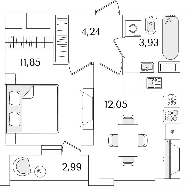 2-комнатная (Евро) квартира, 33.57 м² - планировка, фото №1