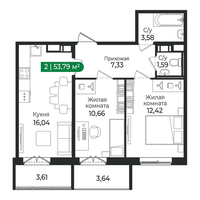 3-комнатная (Евро) квартира, 53.79 м² в ЖК "Сертолово Парк" - планировка, фото №1