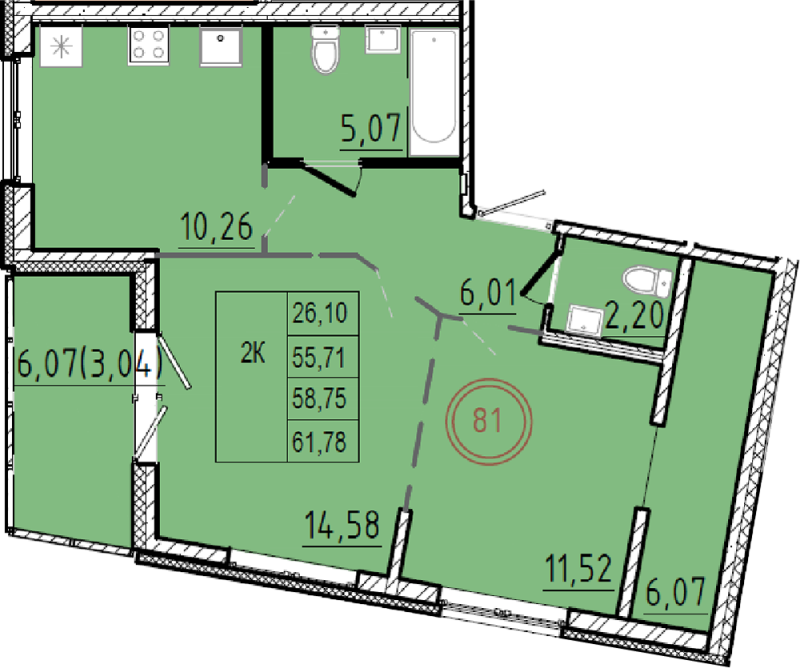 2-комнатная квартира, 55.71 м² в ЖК "Образцовый квартал 9.1" - планировка, фото №1