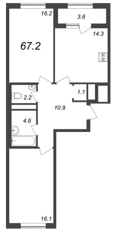 2-комнатная квартира, 67.2 м² - планировка, фото №1