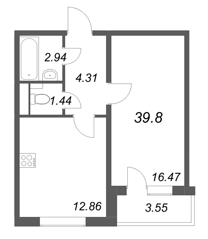 1-комнатная квартира, 39.8 м² в ЖК "АРО" - планировка, фото №1