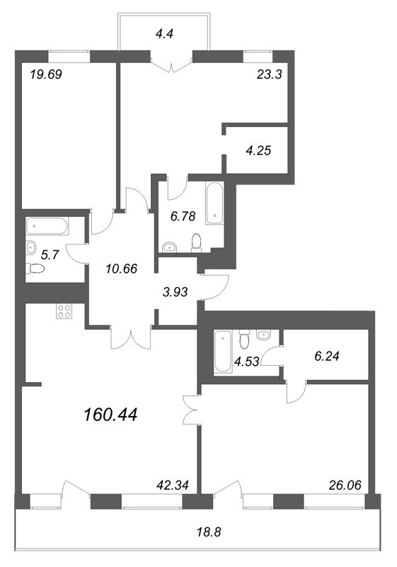 4-комнатная (Евро) квартира, 160.44 м² в ЖК "Фонтанка 130" - планировка, фото №1