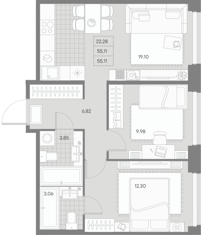 3-комнатная (Евро) квартира, 55.11 м² - планировка, фото №1