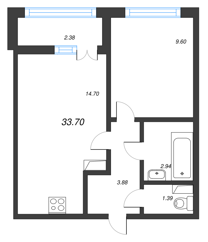 1-комнатная квартира, 33.7 м² - планировка, фото №1