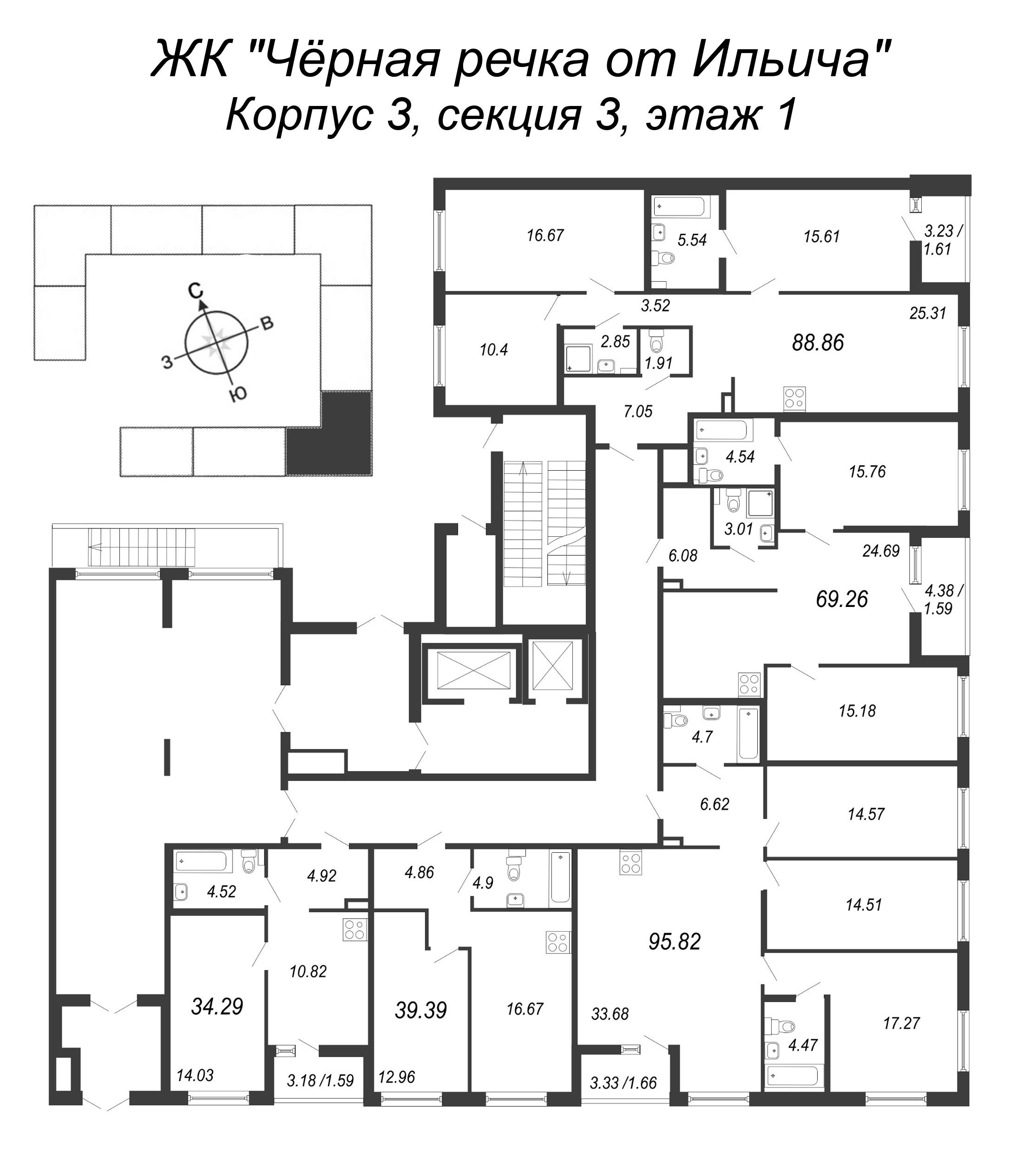 2-комнатная (Евро) квартира, 39.39 м² в ЖК "Чёрная речка от Ильича" - планировка этажа