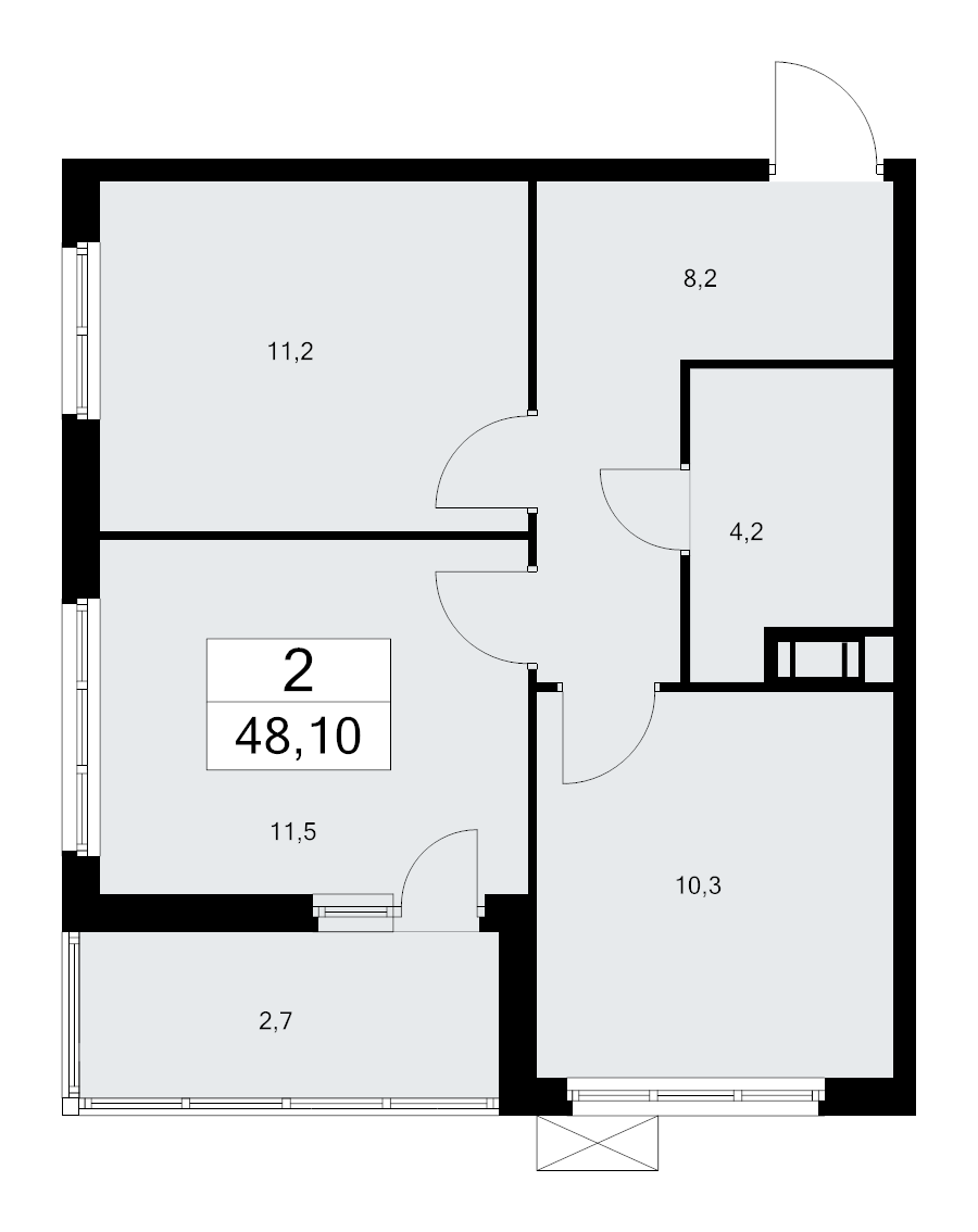 2-комнатная квартира, 48.1 м² - планировка, фото №1
