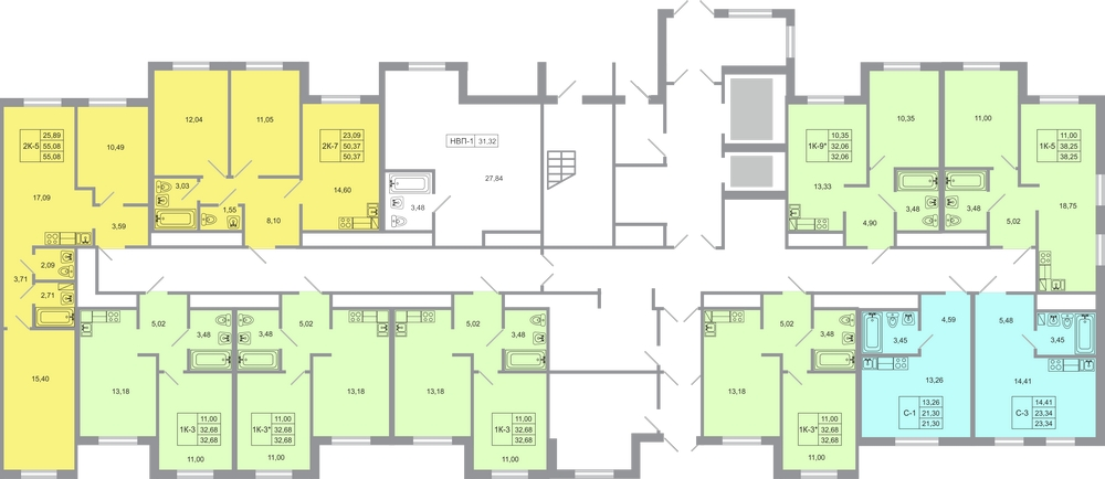 3-комнатная (Евро) квартира, 55.08 м² - планировка этажа