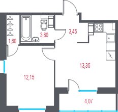 1-комнатная квартира, 36.19 м² в ЖК "Город-спутник Южный" - планировка, фото №1