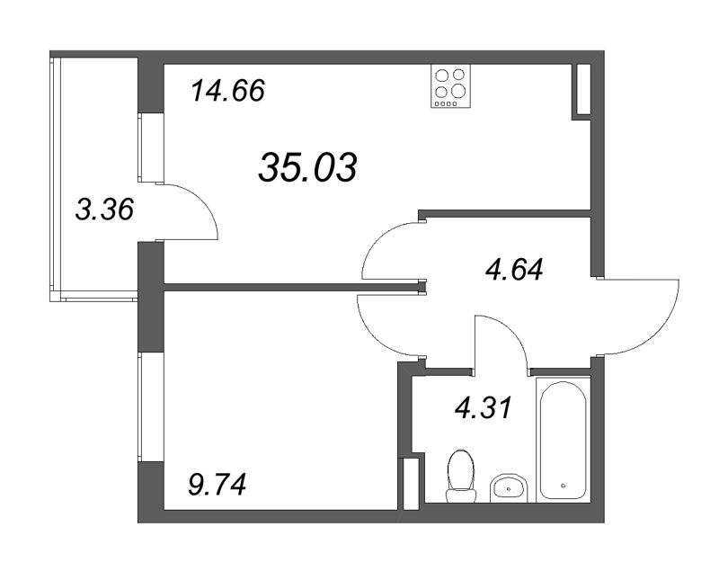 1-комнатная квартира, 35.03 м² в ЖК "Новая история" - планировка, фото №1