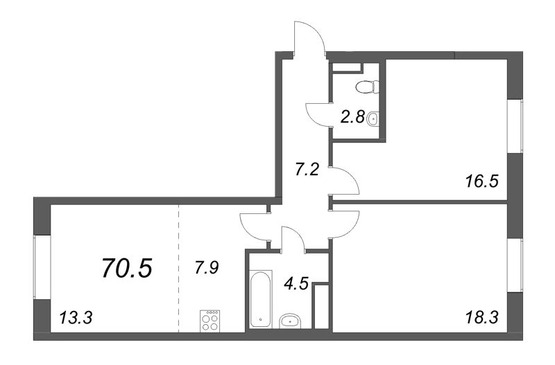 3-комнатная (Евро) квартира, 70.3 м² - планировка, фото №1