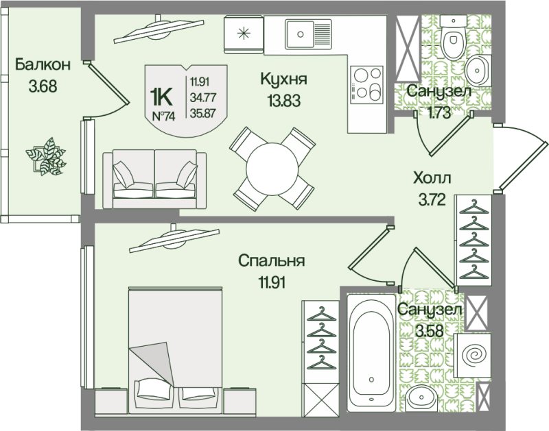 1-комнатная квартира, 35.87 м² в ЖК "Охтинские высоты" - планировка, фото №1