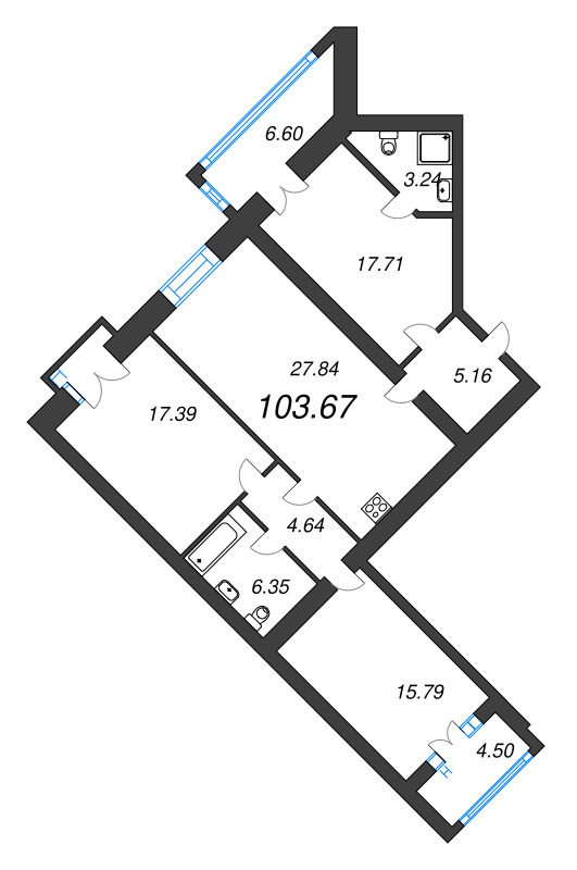 4-комнатная (Евро) квартира, 103.3 м² в ЖК "Листва" - планировка, фото №1