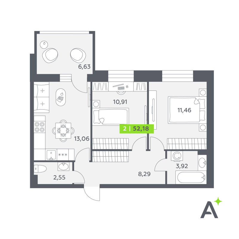 2-комнатная квартира, 52.18 м² в ЖК "Аквилон РекаПарк" - планировка, фото №1
