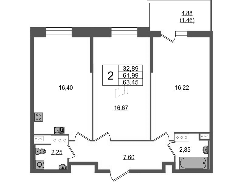 3-комнатная (Евро) квартира, 63.45 м² - планировка, фото №1