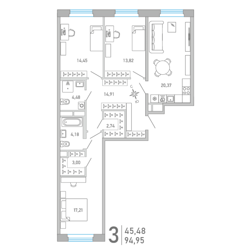 4-комнатная (Евро) квартира, 94.95 м² - планировка, фото №1