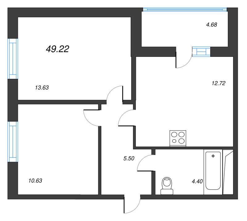 2-комнатная квартира, 49.22 м² в ЖК "IQ Гатчина" - планировка, фото №1