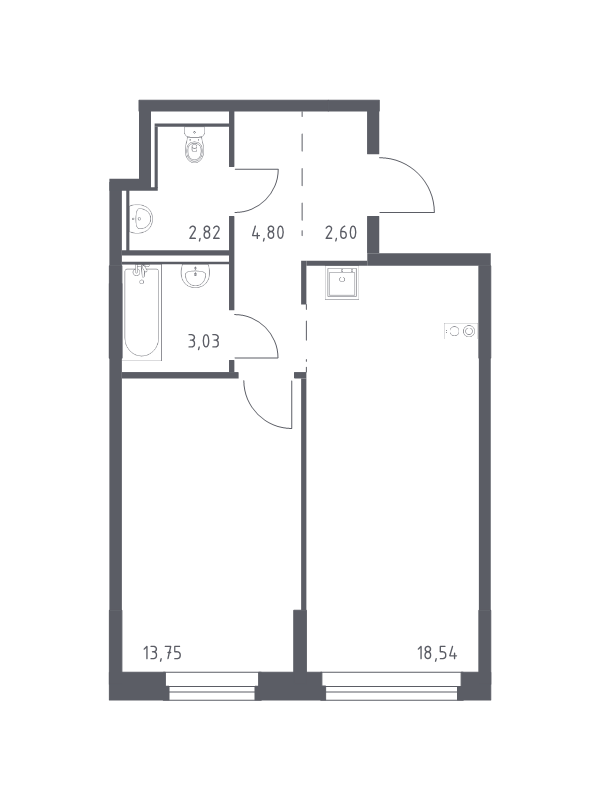 2-комнатная (Евро) квартира, 45.54 м² - планировка, фото №1