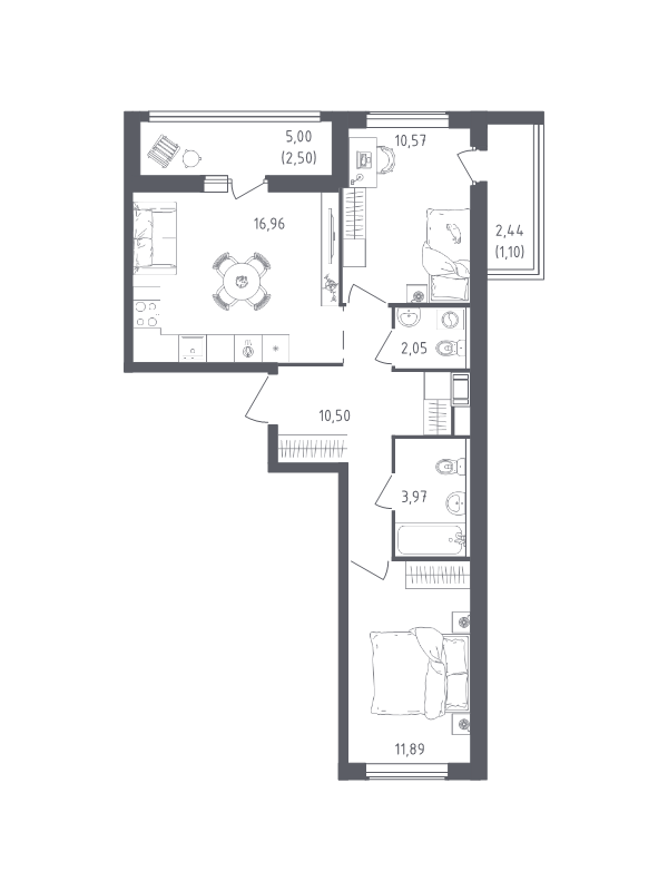 3-комнатная (Евро) квартира, 59.54 м² в ЖК "Южная Нева" - планировка, фото №1