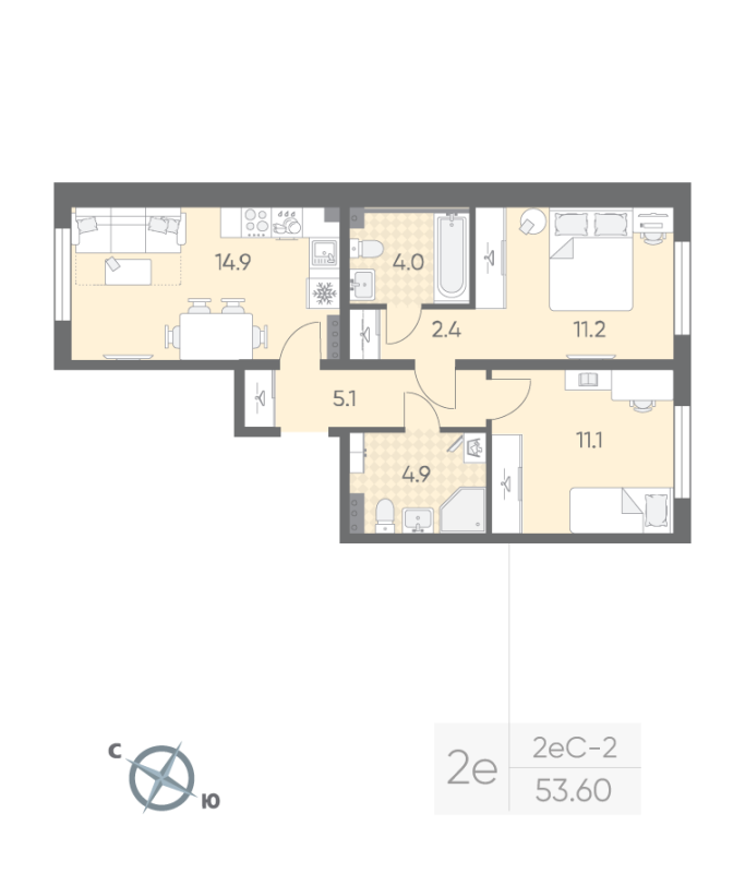 2-комнатная квартира, 53.6 м² в ЖК "Пулково Лейк" - планировка, фото №1