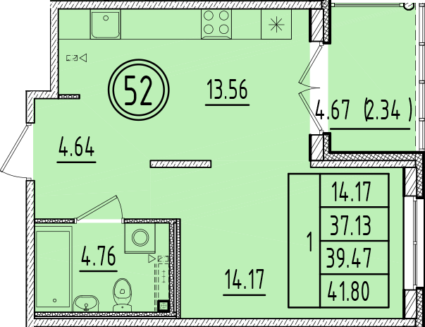 1-комнатная квартира, 37.13 м² в ЖК "Образцовый квартал 6.4" - планировка, фото №1