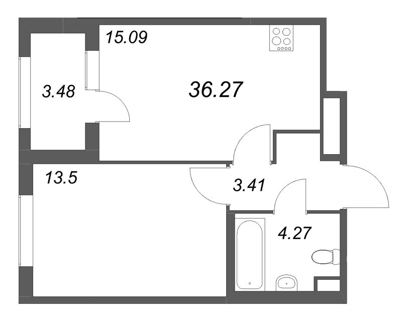 2-комнатная (Евро) квартира, 36.27 м² в ЖК "Дубровский" - планировка, фото №1