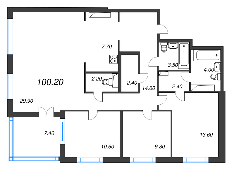 4-комнатная (Евро) квартира, 100.2 м² в ЖК "Струны" - планировка, фото №1
