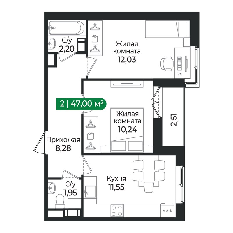 2-комнатная квартира, 47 м² в ЖК "Сертолово Парк" - планировка, фото №1