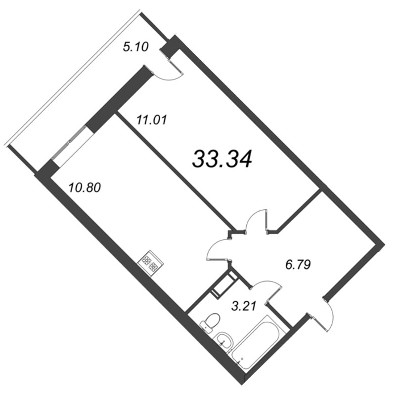 1-комнатная квартира, 33.34 м² - планировка, фото №1