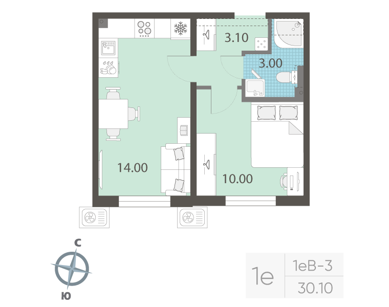 1-комнатная квартира, 30.1 м² в ЖК "ЛСР. Ржевский парк" - планировка, фото №1