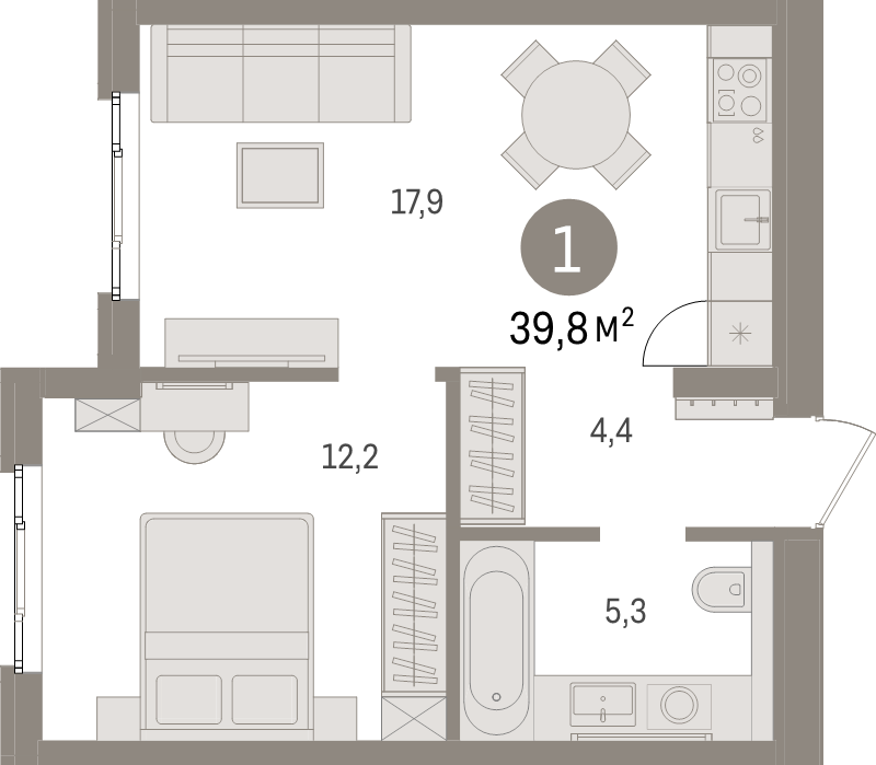 2-комнатная (Евро) квартира, 39.9 м² в ЖК "Брусника в Новоселье" - планировка, фото №1