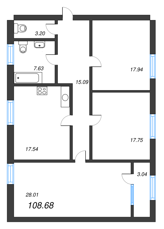 4-комнатная (Евро) квартира, 108.9 м² в ЖК "Neva Haus" - планировка, фото №1
