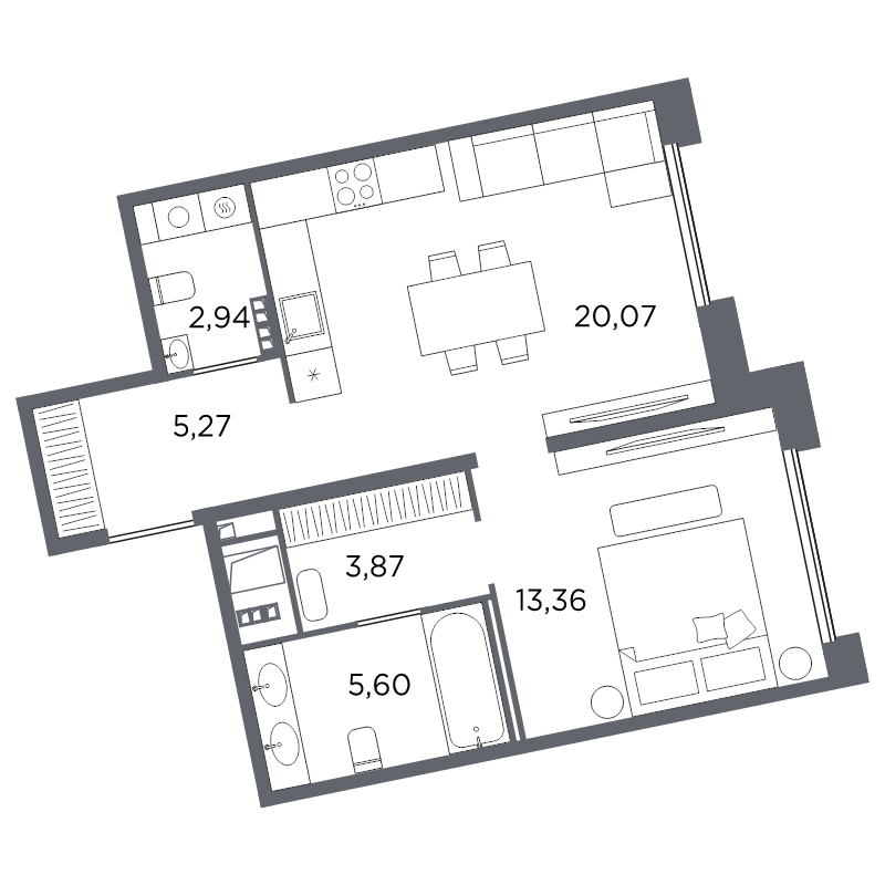 2-комнатная (Евро) квартира, 51.11 м² в ЖК "Акватория" - планировка, фото №1
