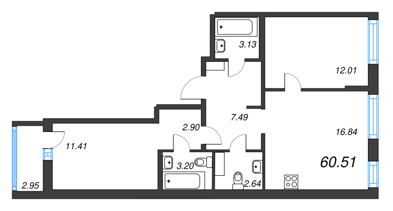 3-комнатная (Евро) квартира, 60.51 м² - планировка, фото №1