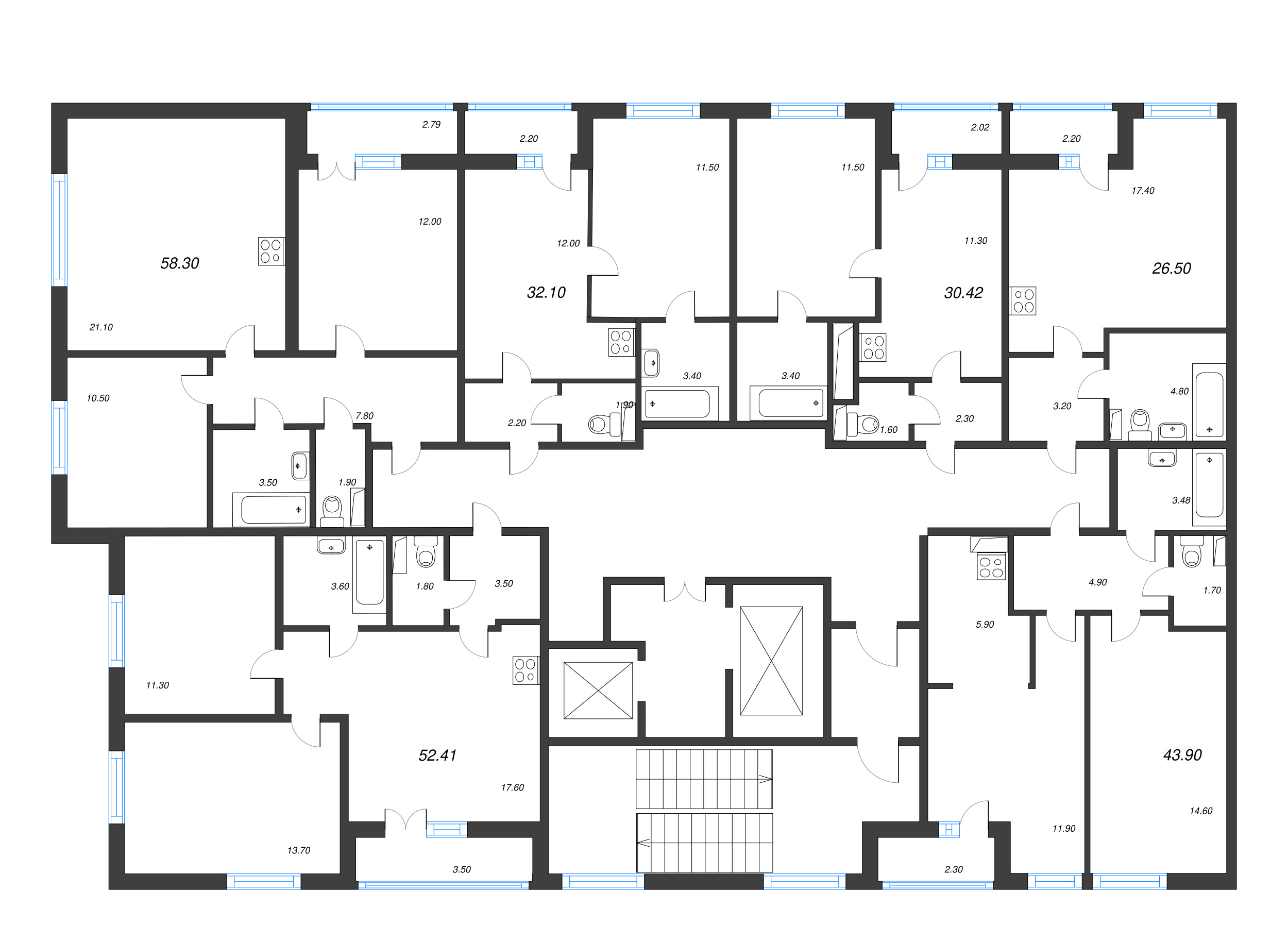 2-комнатная (Евро) квартира, 43.9 м² в ЖК "Аэросити" - планировка этажа